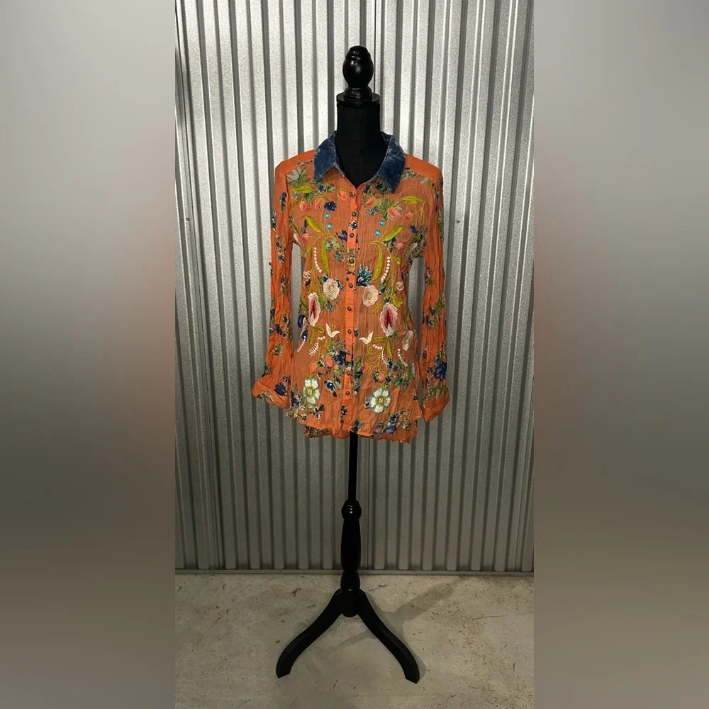 Women’s Aratta Silent Journey Orange Floral Long Sleeve Rayon Nylon Blouse Small - Picture 1 of 4